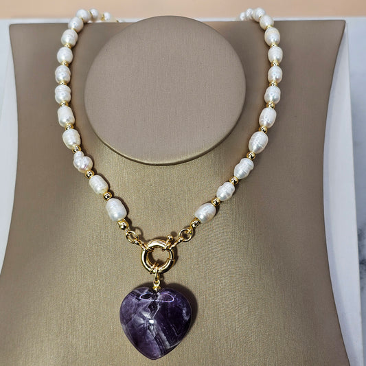 Collar Baño de Oro Perlas Corazon Cuarzo Morado