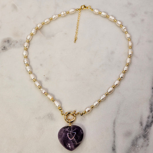 Collar Baño de Oro Perlas Corazon Cuarzo Morado