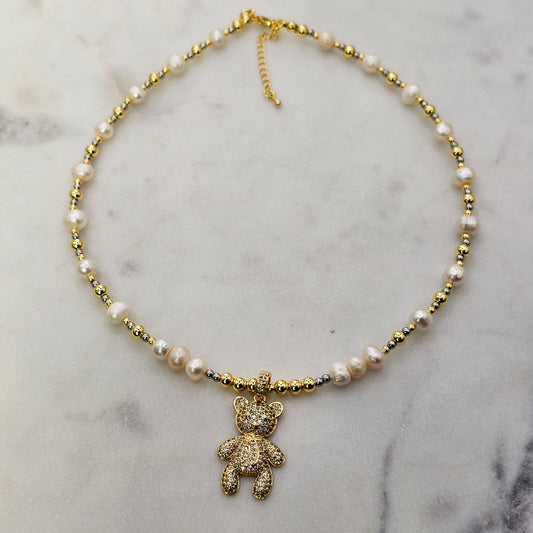 Collar Baño de Oro Perlas Colgante Osito Cristales