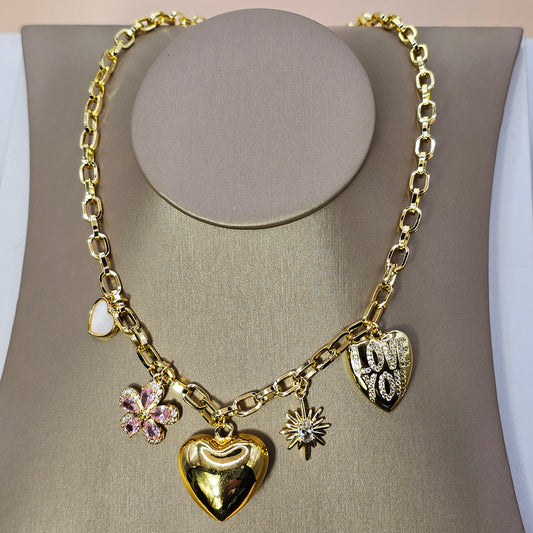 Collar Baño de Oro Charms Corazon Love