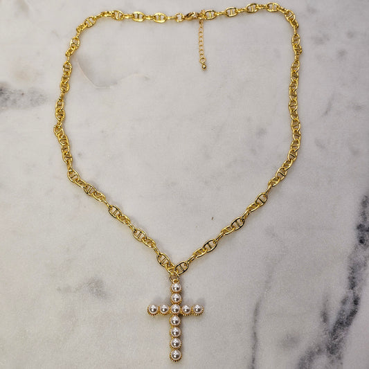 Collar Baño de Oro Cruz Perlas