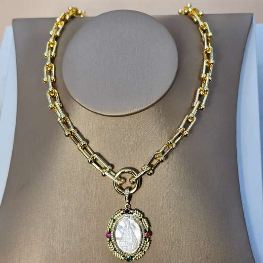 Collar Baño de Oro Colgante Religioso Cristales de Colores