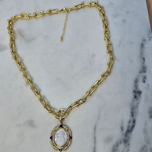 Collar Baño de Oro Colgante Religioso Cristales de Colores