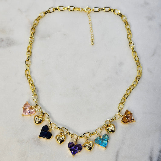 Collar Baño de Oro Charms Corazon Cristales