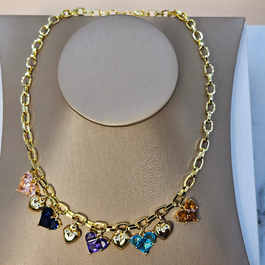 Collar Baño de Oro Charms Corazon Cristales