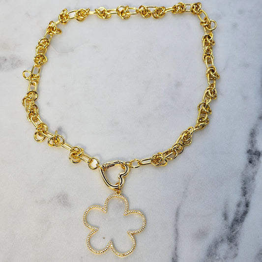 Collar Baño de Oro Colgante Trebol Corazon