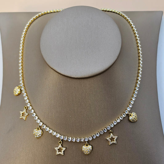 Collar Baño de Oro Cristal Austriaco Charms Corazon y Estrella
