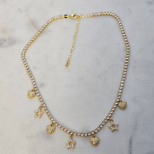 Collar Baño de Oro Cristal Austriaco Charms Corazon y Estrella