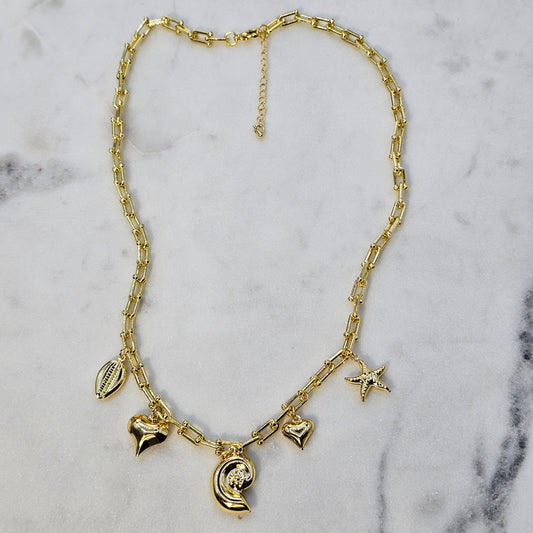 Collar Baño de Oro Charms Corazon y Estrella Marina