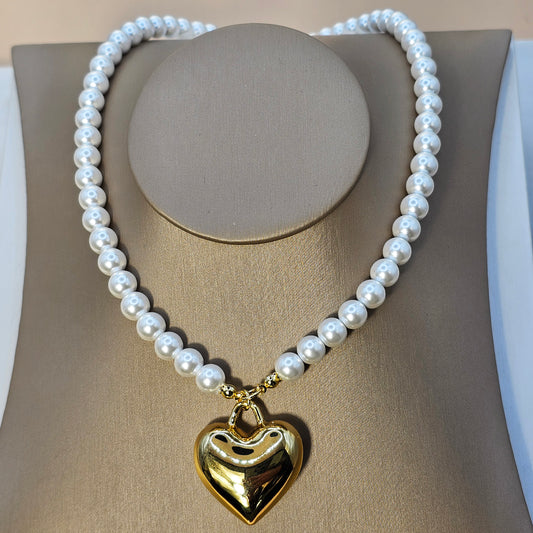 Collar Baño de Oro Perlas Corazon