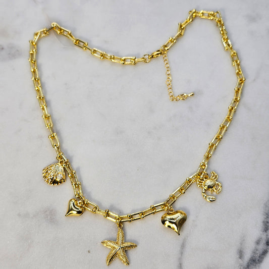 Collar Baño de Oro Charms Marino, Estrella y Corazon