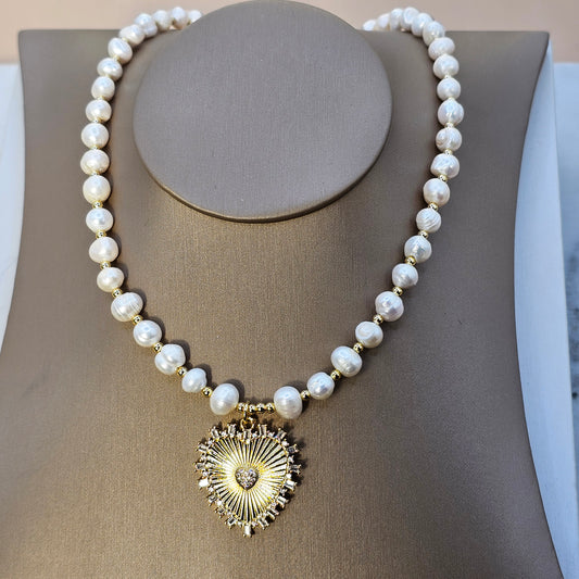 Collar Baño de Oro Perlas Corazon Destellos