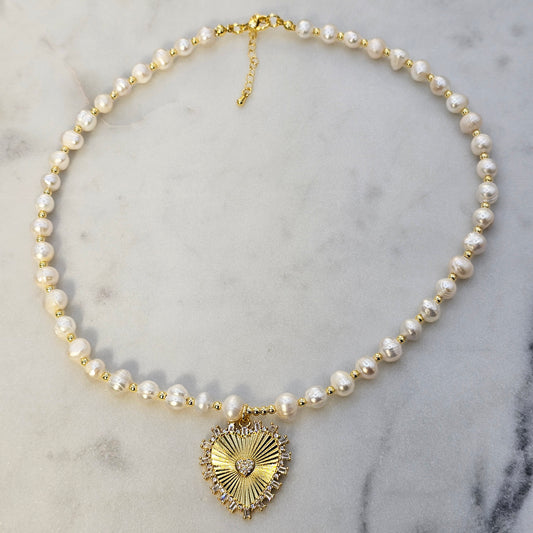 Collar Baño de Oro Perlas Corazon Destellos