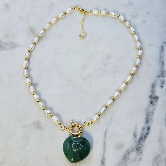 Collar Baño de Oro Perlas Corazon Verde
