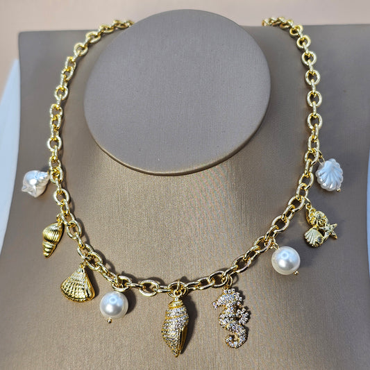 Collar Baño de Oro Charms Cristales Mix Marino