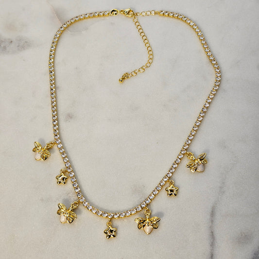 Collar Baño de Oro Cristal Austriaco Charms Luciernagas