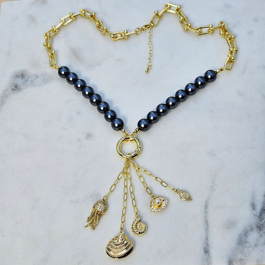 Collar Baño de Oro Perla Gris Destello Marino