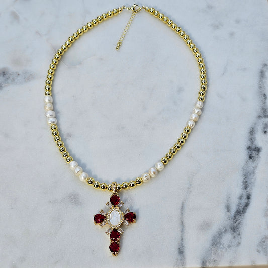 Collar Baño de Oro Perlas Colgante Cruz Cristales Rojo