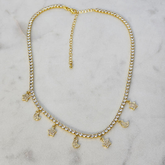 Collar Baño de Oro Cristal Austriaco Charms Luna-Estrella