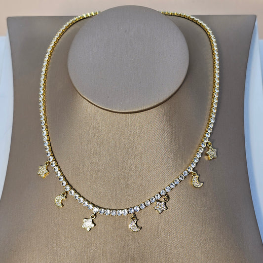 Collar Baño de Oro Cristal Austriaco Charms Luna-Estrella