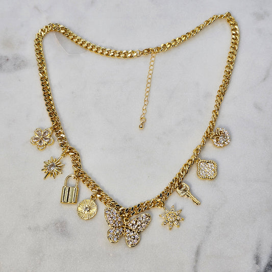 Collar Baño de Oro Charms Mariposa Cristales Mix Marino