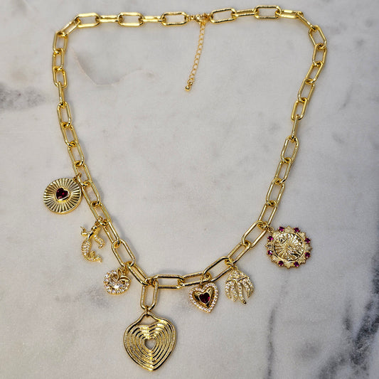 Collar Baño de Oro Charms Corazones Mundo Marino