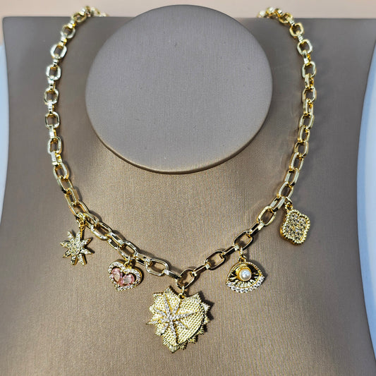 Collar Baño de Oro Charms Corazon Mix Marino