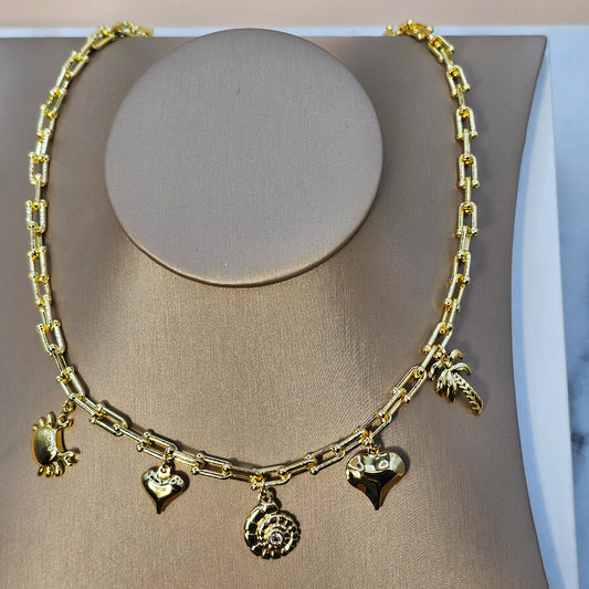 Collar Baño de Oro Charms Mix Marino Corazon Pequeño