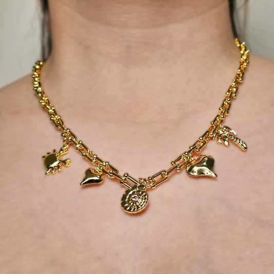 Collar Baño de Oro Charms Mix Marino Corazon Pequeño