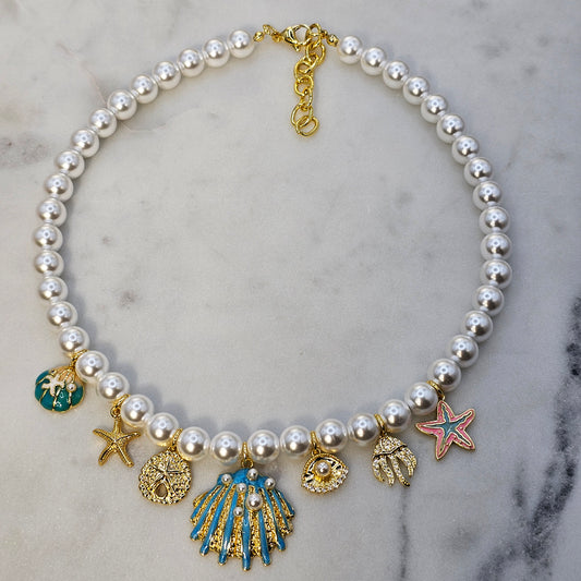Collar Baño de Oro Charms Marino Celeste y Rosa