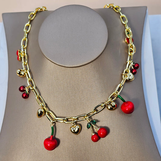Collar Baño de Oro Charms Dulce Tentacion Cerezas