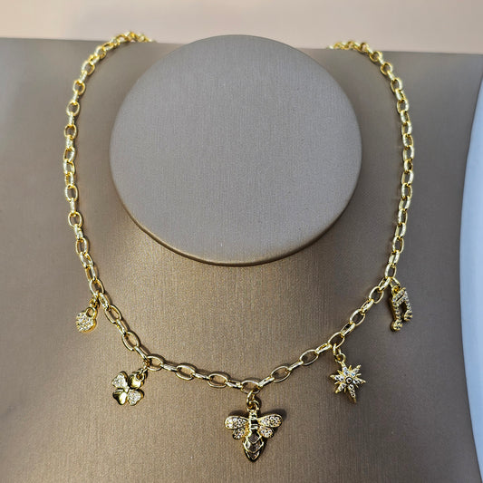 Collar Baño de Oro Charms Luciernaga Nota Musical
