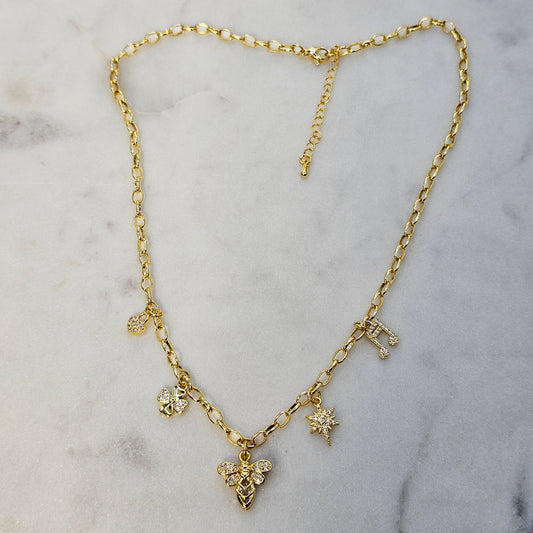Collar Baño de Oro Charms Luciernaga Nota Musical