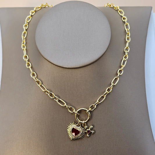 Collar Baño de Oro Corazon Destello de Luz y Trebol