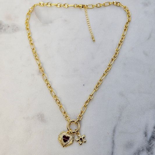 Collar Baño de Oro Corazon Destello de Luz y Trebol