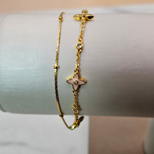 Pulsera Baño de Oro Cristal Austriaco Trebol Rosado Doble