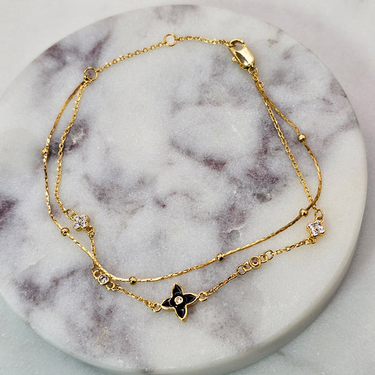 Pulsera Baño de Oro Cristal Austriaco Trebol Nacar Negro Doble