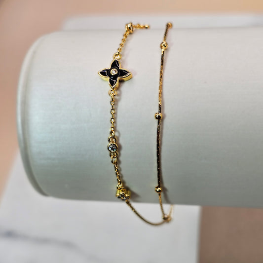 Pulsera Baño de Oro Cristal Austriaco Trebol Nacar Negro Doble
