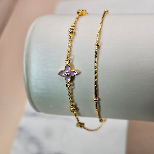 Pulsera Baño de Oro Cristal Austriaco Trebol Nacar Rosado Doble