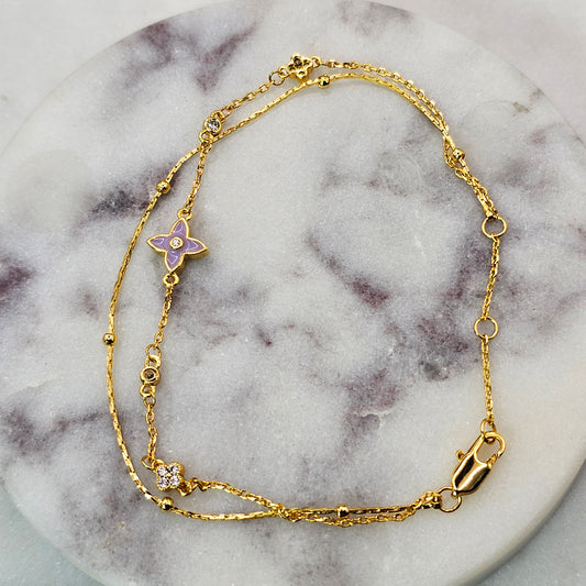 Pulsera Baño de Oro Cristal Austriaco Trebol Nacar Rosado Doble