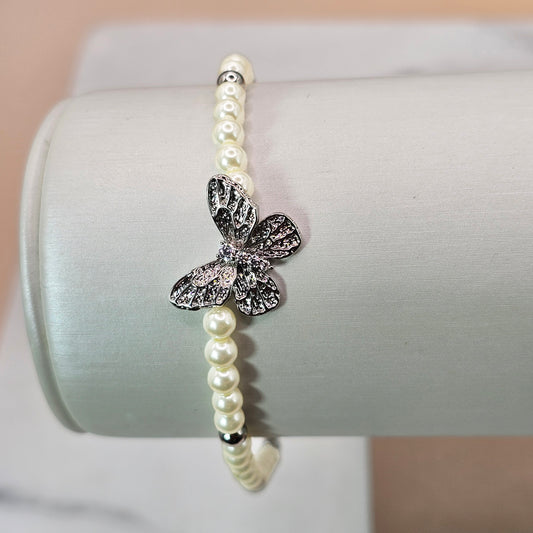 Pulsera Baño de Plata Rodinada Cristal Austriaco Mariposa y Perlas