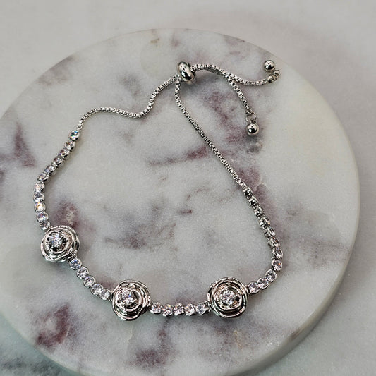 Pulsera Baño Plata Rodinada Cristal Austriaco Pequeñas Rosas