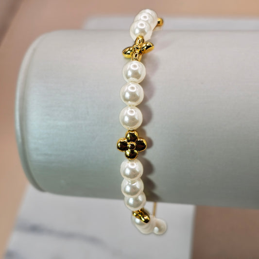 Pulsera Baño de Oro Perlas Trebol