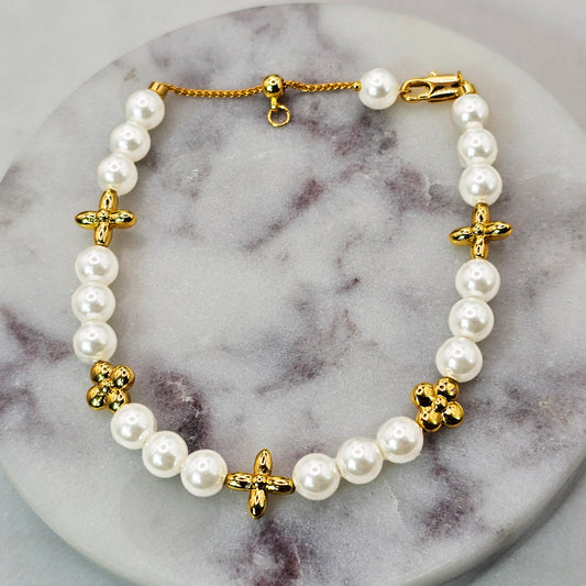 Pulsera Baño de Oro Perlas Trebol