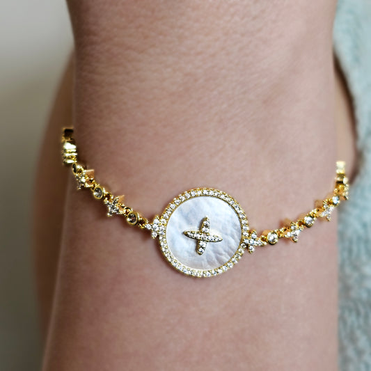 Pulsera Baño de Oro Cristal Austriaco Detalle Trebol Alargado