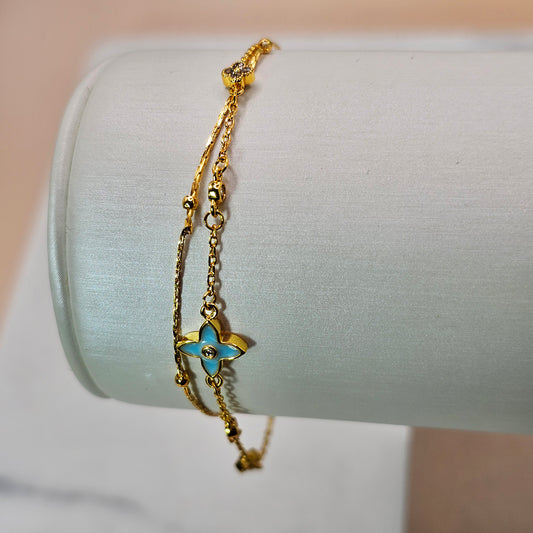 Pulsera Baño de Oro Cristal Austriaco Trebol Nacar Celeste