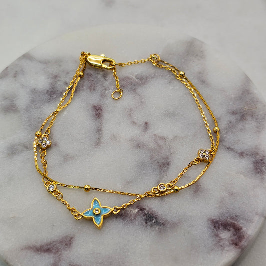 Pulsera Baño de Oro Cristal Austriaco Trebol Nacar Celeste