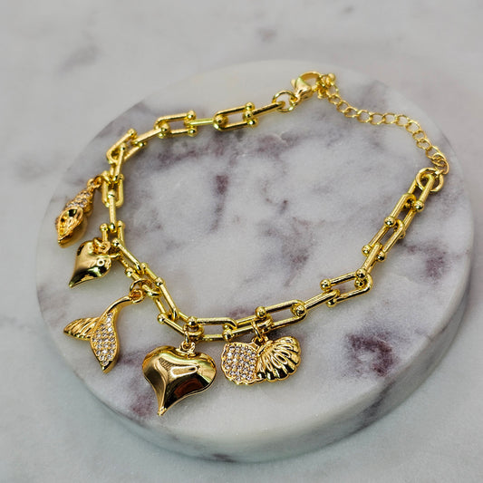 Pulsera Baño de Oro Cristal Austriaco Tifany Charms Marinos y Corazon