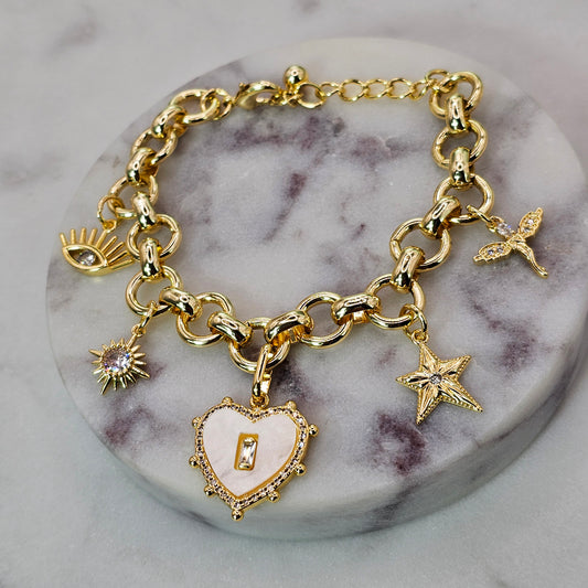 Pulsera Baño de Oro Cristal Austriaco Charms Corazon Nacar Estrella