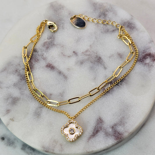 Pulsera Baño de Oro Cristal Austriaco Trebol Nacar